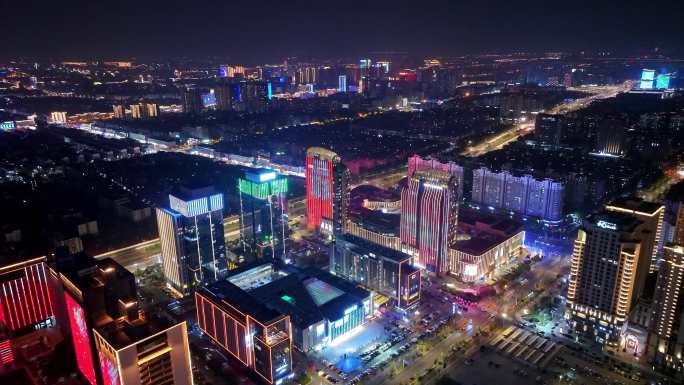 航拍扬州西区明月湖大桥夜景京华城商圈全景