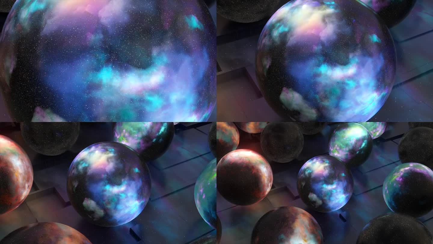 近距离观察宇宙。照相机缩小镜头，显示出许多球体形状的太空物体。多元宇宙，3D动画。