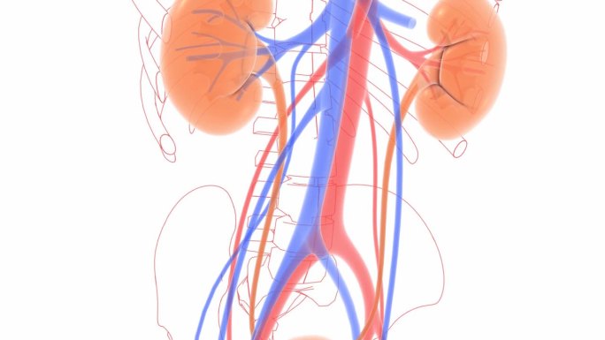 泌尿系统的三维解剖和线条动画。