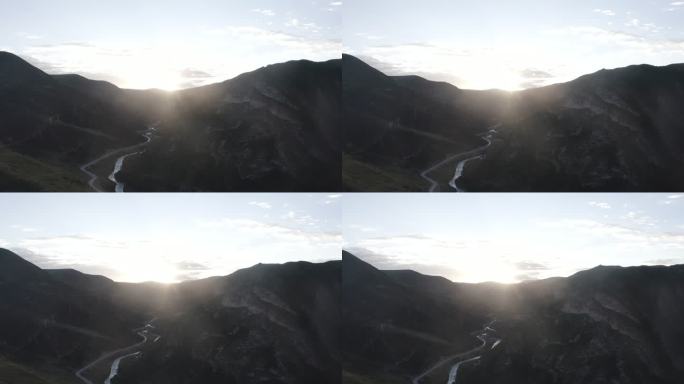 航拍风景西藏山川蜿蜒河流日出太阳风光自然