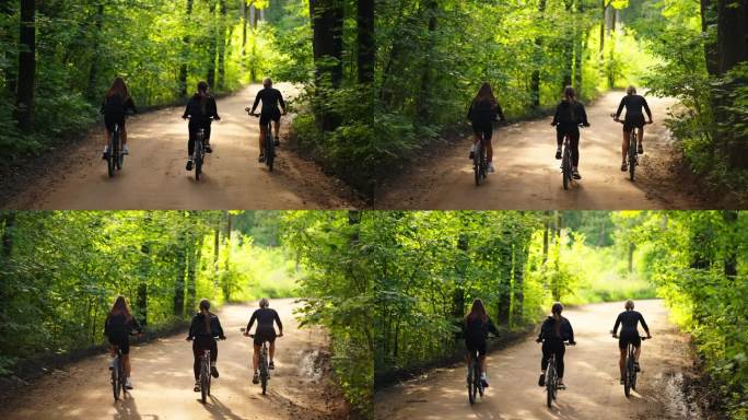 妇女骑自行车在地面道路上的森林，后景，慢镜头在大自然中，保持健康