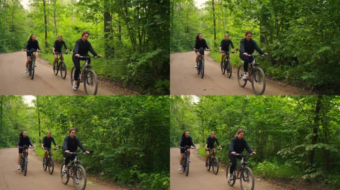 周末积极的消遣和体育运动有益于健康，妇女在森林里骑自行车