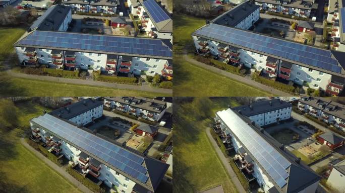 林雪平住宅区瑞典公寓楼顶安装的太阳能光伏板。可再生电力发展