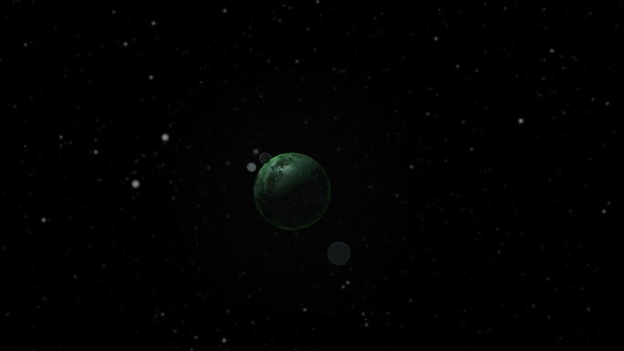 接近一颗在太空中移动的绿色矮行星，有4颗卫星绕着它的轴旋转。3D无缝循环动画与绿色辉光雾和星星的背景