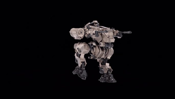 机器人的3D模型，战士未来主义机器渲染动画，操纵骨骼结构，行走左前左右视图，叠加阿尔法哑光通道，科幻