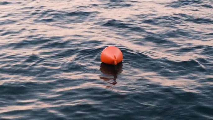 清晨港口的海洋景象:海面上的橙色塑料安全浮标。日出时有风的水面。
