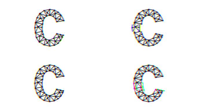 多边形字母c动画与故障效果在白色背景，4k分辨率视频，文本运动图形