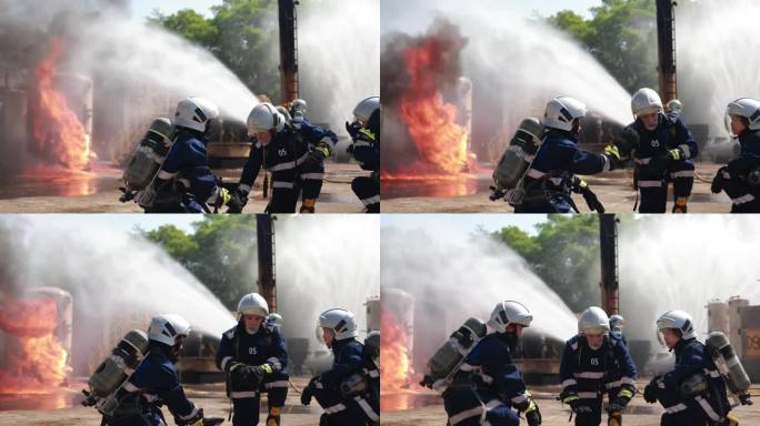 专业消防员使用消防水带灭火。消防队员戴安全帽，穿防护服。灭火器救援训练