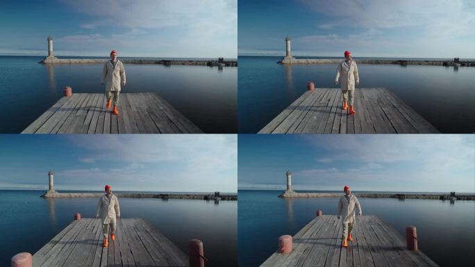 海滨的早晨，孤独的渔夫走在美丽海湾的木制码头上，全裸拍摄