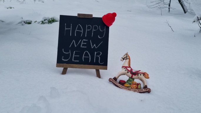 新年贺卡上的雪花，新年题词上的冬雪旁边的圣诞玩具