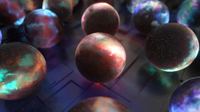 抽象空间概念。宇宙在一个球里。许多太空物体呈球形。多元宇宙，3D动画