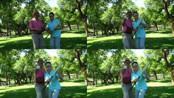 60岁以上的老人在公园里打棒球，用手机录下来给孙子们看。4 k的视频