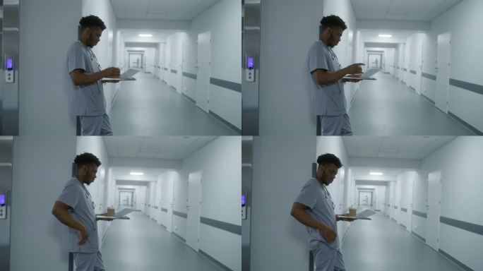 医生站在医院走廊靠墙