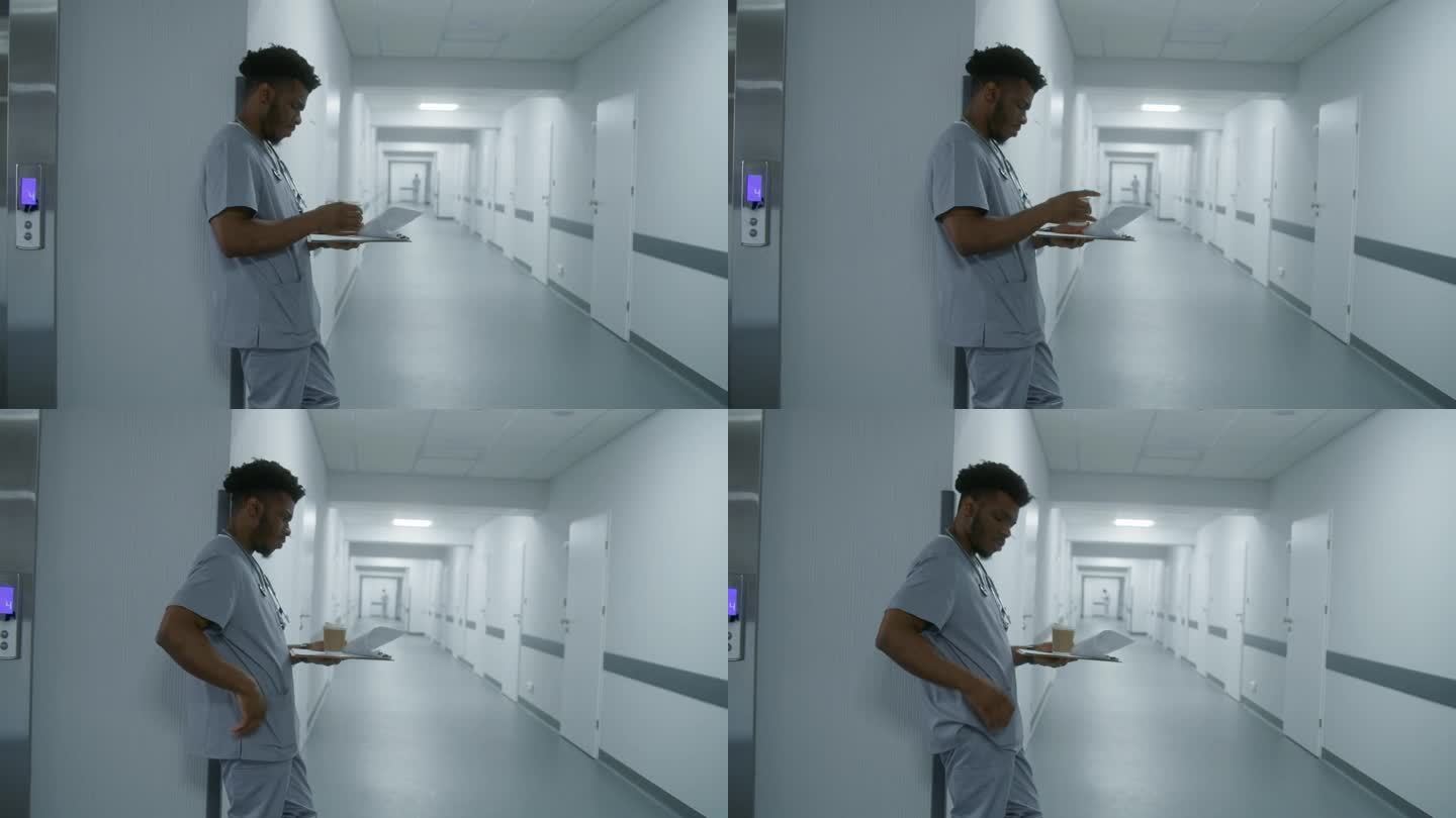 医生站在医院走廊靠墙
