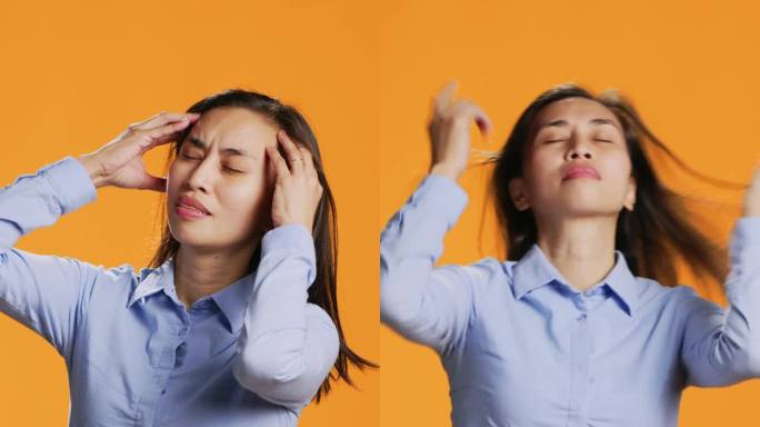 垂直视频菲律宾女模特处理痛苦的头痛