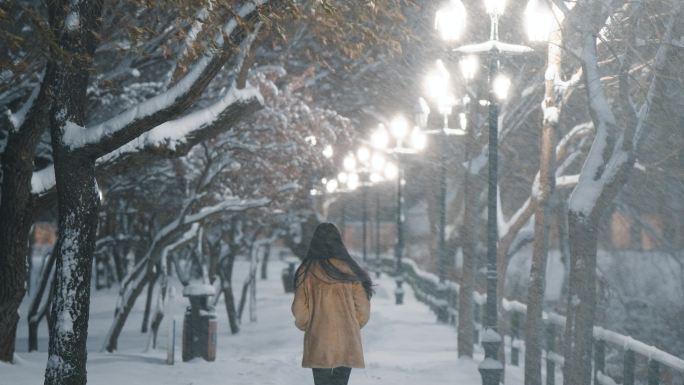 4K唯美女孩雪中行走哈尔滨东北大雪纷飞