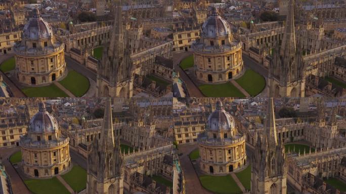 牛津大学拉德克利夫图书馆黄金时段的180度航拍照片