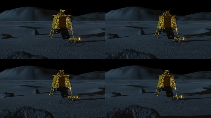 夜间印度月球车和着陆器单独在月球上的3D动画