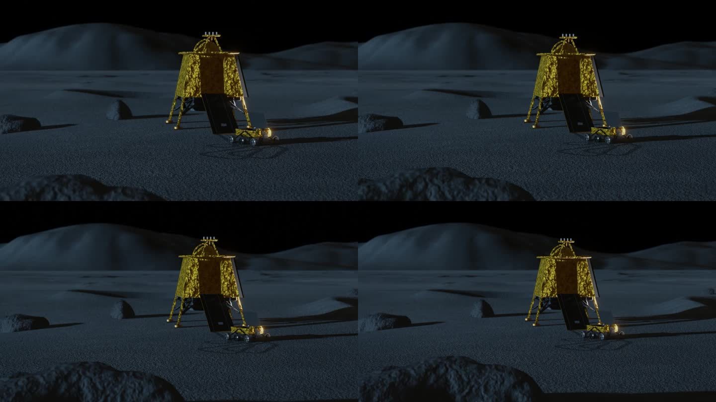 夜间印度月球车和着陆器单独在月球上的3D动画