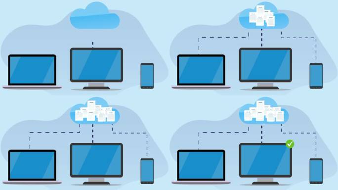 云计算动画概念与设备连接到存储云。在电脑，笔记本电脑和智能手机之间传输文件，数据库和数字信息。