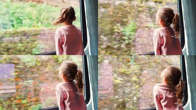 火车开动时，小女孩望着窗外。在欧洲坐火车旅行