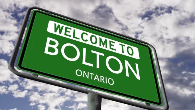 欢迎来到安大略省的博尔顿。加拿大城市道路标志接近现实的动画