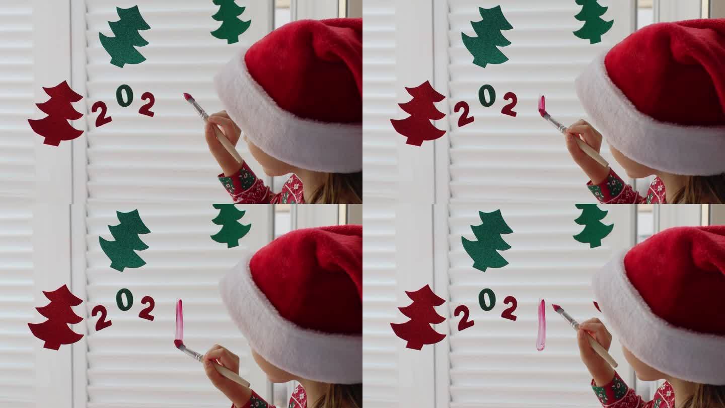 小女孩戴着红色圣诞老人帽子装饰冬季度假屋新年晚会手工纸花环和画数字2024圣诞树。儿童手工DIY家居