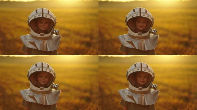 快乐的小男孩穿着太空服，戴着头盔，独自站在夏天的田野里，对着镜头微笑