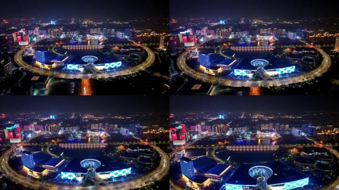 航拍扬州西区明月湖大桥夜景京华城商圈全景