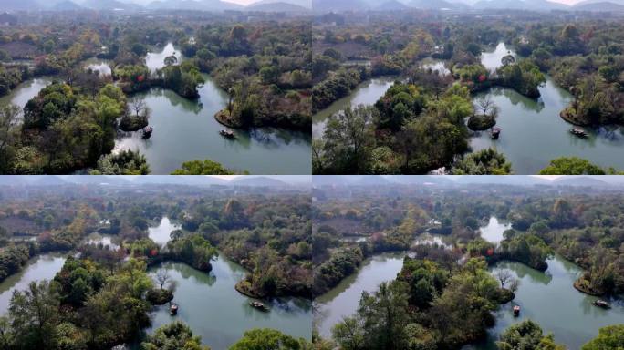 摇橹船在杭州西溪湿地河道中前行