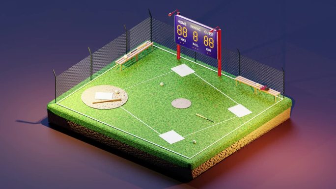 三维等距动画棒球球场与计分板