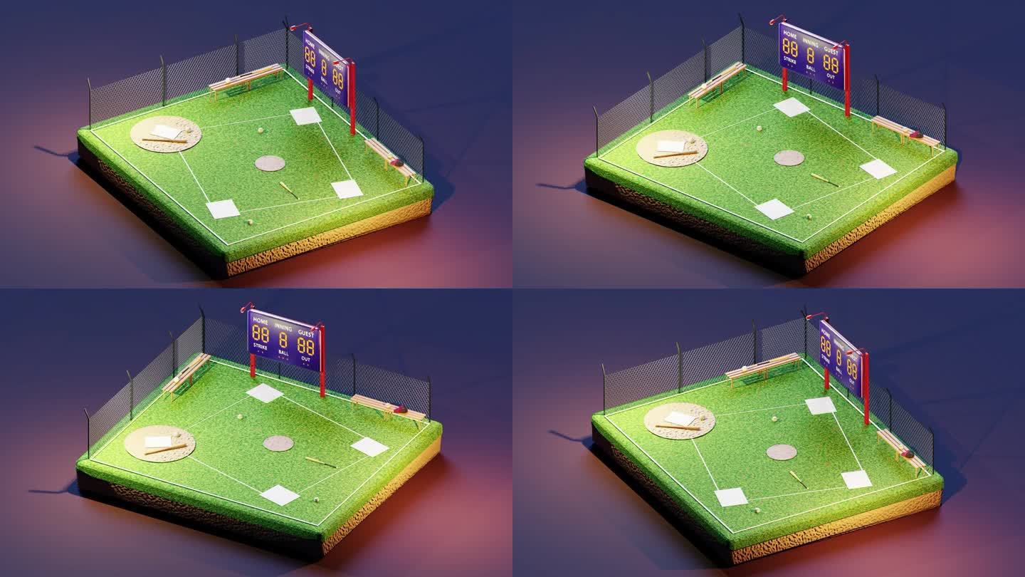 三维等距动画棒球球场与计分板