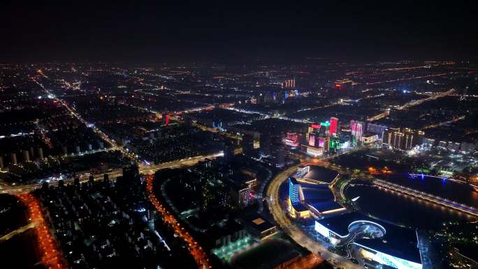 航拍扬州西区明月湖大桥夜景京华城商圈全景