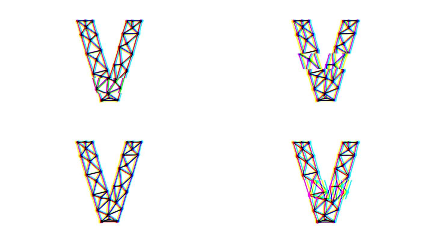 多边形字母v动画与故障效果在白色背景，4k分辨率视频，文本运动图形