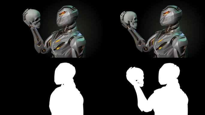 人形机器人看着人类的头骨