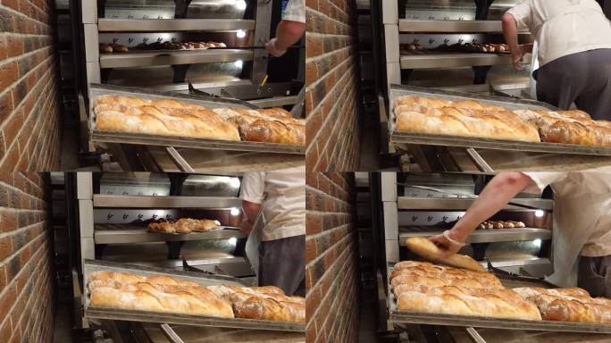 手工制作法式糕点的迷你面包店。面包师把刚烤好的热面包从烤箱里拿出来。烘焙产品的生产。传统的法国法棍面