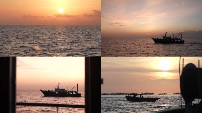 夕阳下的大海 夕阳下的轮船