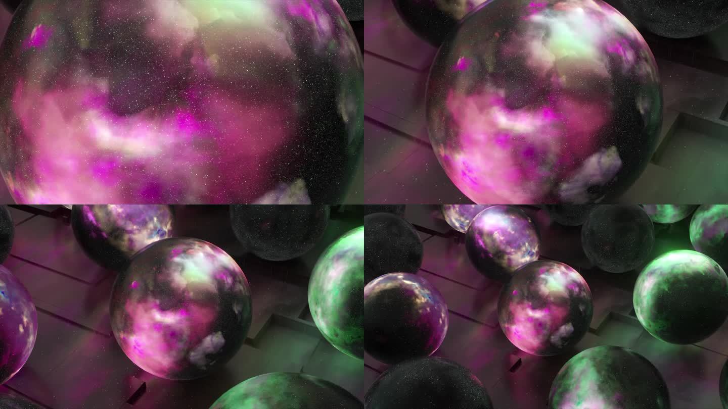 抽象的概念。照相机缩小镜头，显示出许多球体形状的太空物体。多元宇宙，3D动画。