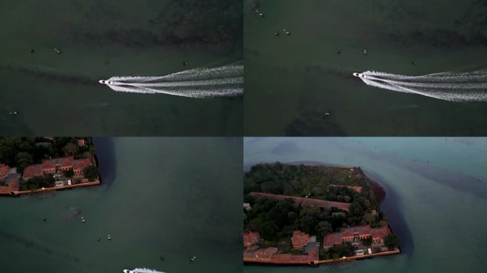 无人机拍摄的意大利威尼斯。威尼斯和运河的概览，贡多拉和船只穿过威尼斯城的运河，威尼斯群岛