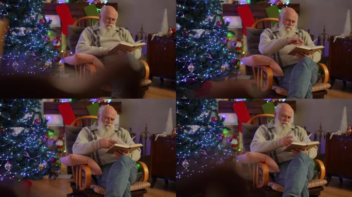 一位老人坐在摇椅上，在圣诞树旁看书。