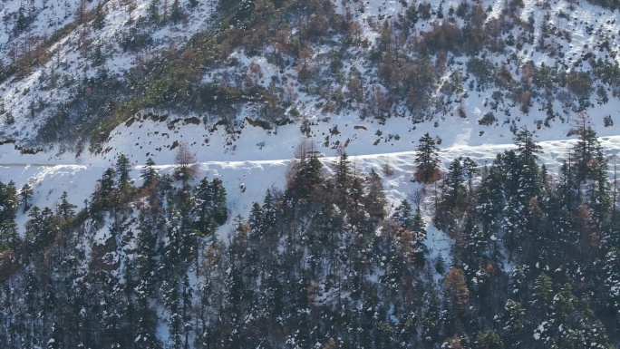 航拍雪后公路行车