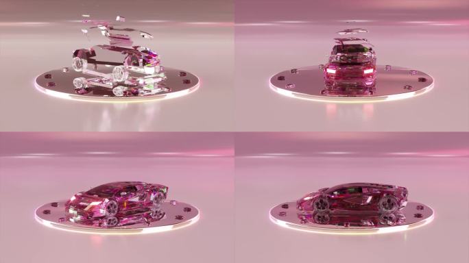 抽象的概念。钻石车由零件自动组装，在光滑的平台上旋转。粉色霓虹灯