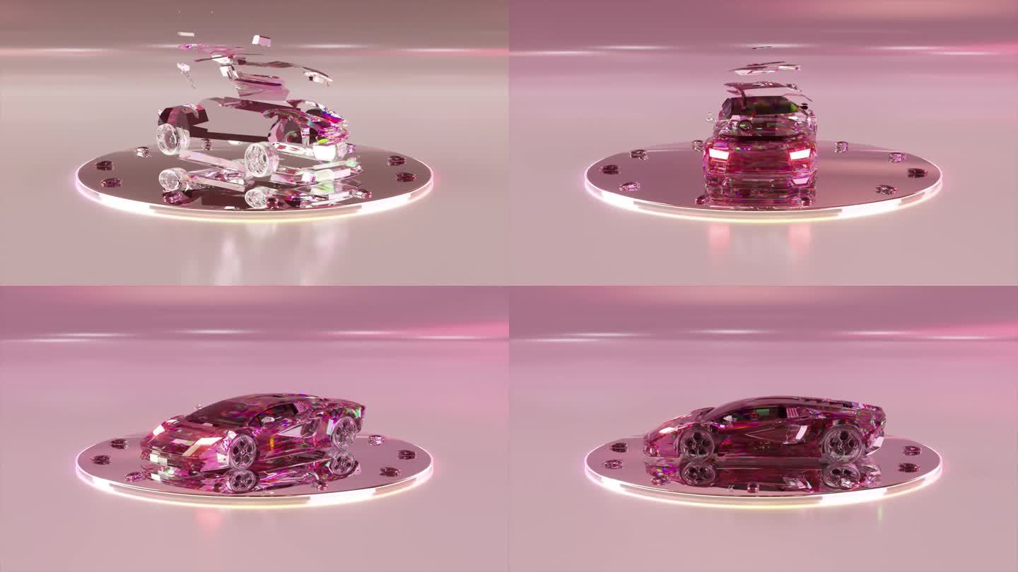 抽象的概念。钻石车由零件自动组装，在光滑的平台上旋转。粉色霓虹灯