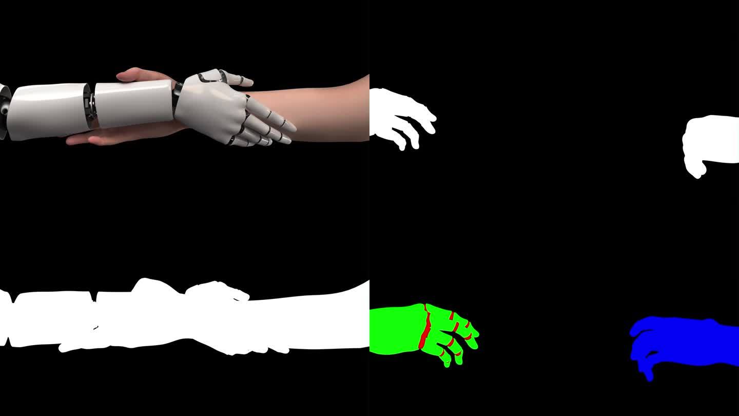 人类的手和人形机器人握手象征着团结、理解和合作。人工智能-人类伙伴关系的概念。增加了多个效果通道。