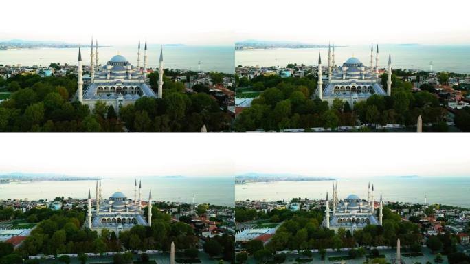在土耳其伊斯坦布尔的黄金时间建立蓝色清真寺的空中无人机视图。