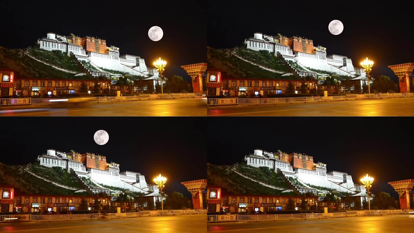 布达拉宫延时摄影月亮升起