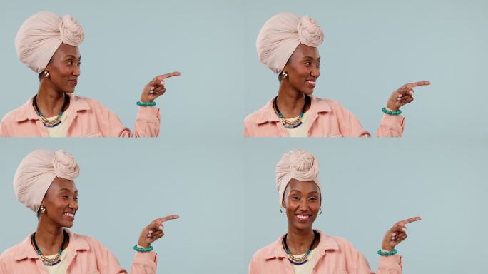 模型，黑人女性和双手指向营销和广告的植入式广告，并做出了“是”的手势。微笑，人，并显示显示选择或选择