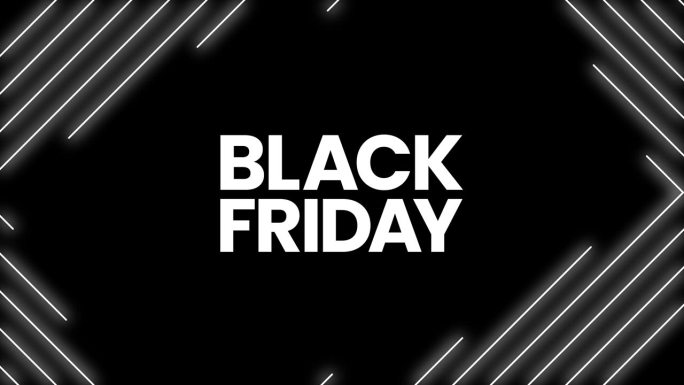 黑色星期五图形元素与圆滑的白色线条。大胆的黑色星期五销售横幅设计4k动画。销售购物社交媒体背景。