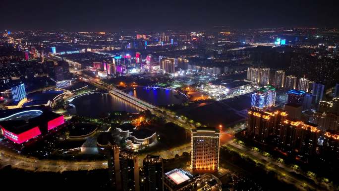 航拍扬州西区明月湖大桥夜景京华城商圈全景