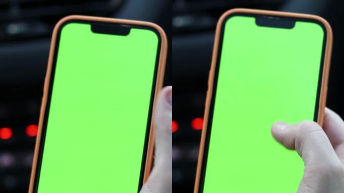一名女子在车内使用绿屏智能手机